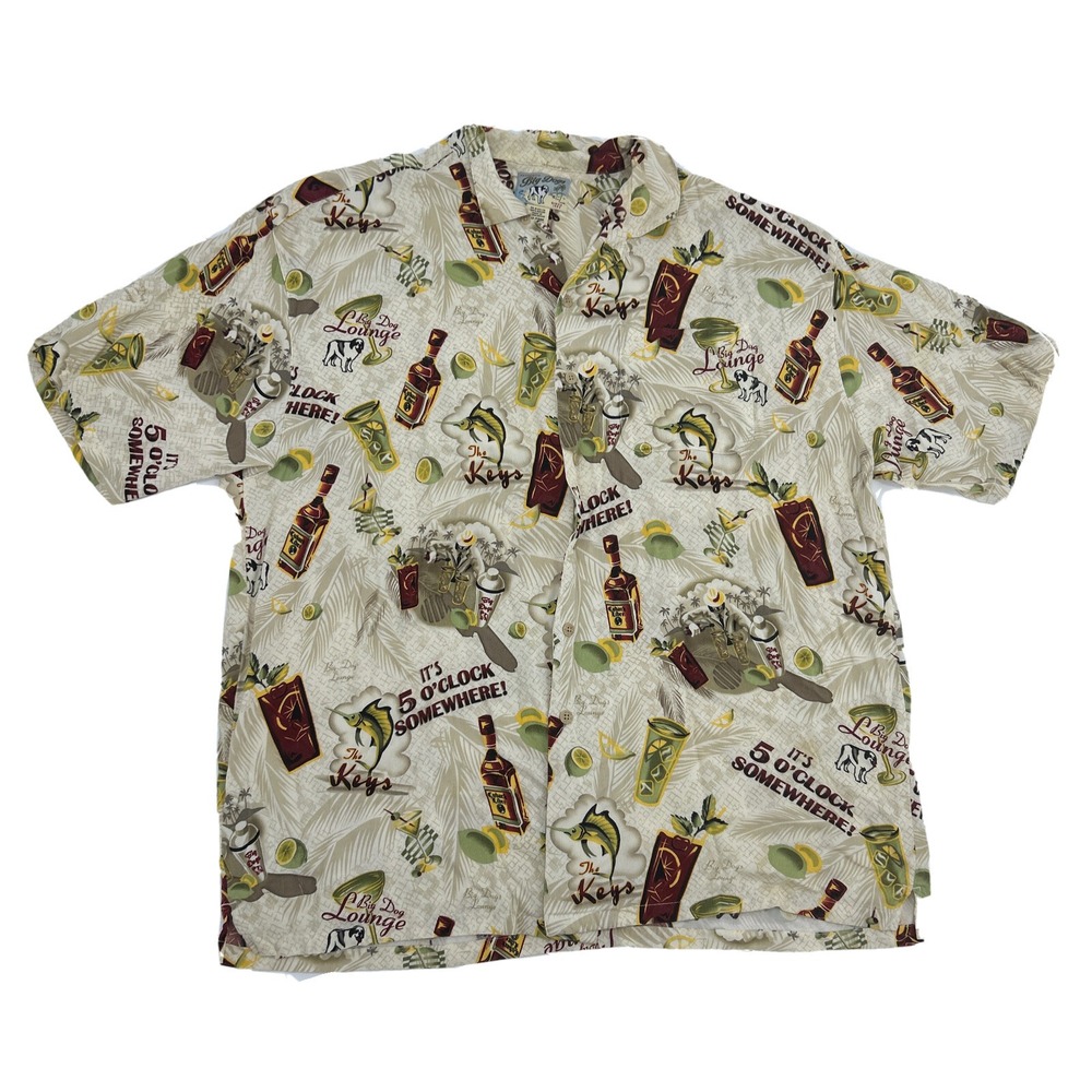 Big Dogs Shirt Mens XL Cream Hawaiian Button Up‎ Loop Collar The Keys Lounge